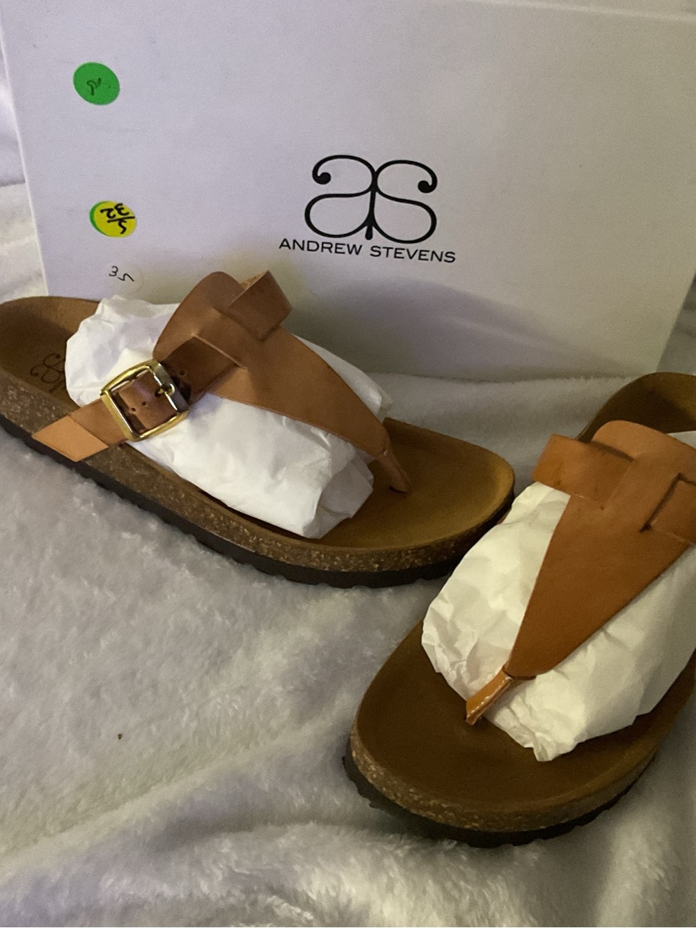 Andrew Stevens Brown Leather Thong Sandals with Gold Buckle